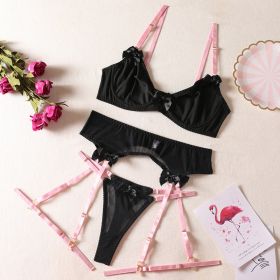 Lace Color Matching Leg Ring Steel Ring Hot Sexy Garter Bow Three-piece Set (Option: Black-S)