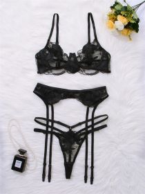 New Embroidered Sexy Lingerie Suit Three-piece Set With Steel Ring (Option: Black-S)