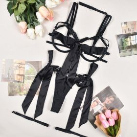 Hollow Out Cutout Sexy Dew Lace Up Push Up Sexy Lingerie Four Piece Set (Color: Black, size: M)