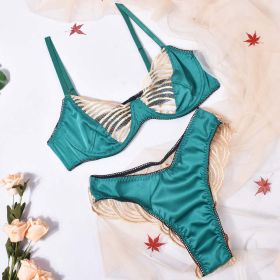 Lingerie Sexy Underwear Three Point Satin Embroidery Stitching See through Dew Pajama Set (Color: Green, size: L)