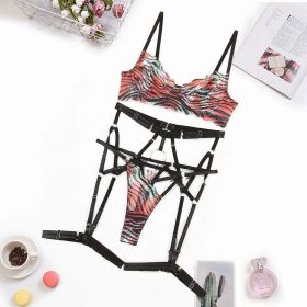 Sexy Lingerie Suit Color Pattern Tie Dyed Printed Sexy Mesh Split Four Piece Set (Color: Multi, size: M)